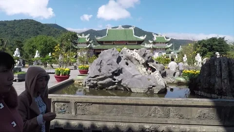 Panoramic view of Main Hall, Buddhist temple, Linh Ung Pagoda, Da Nang, Vietnam Stock Footage 197385373
