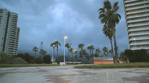 Panoramic view of the main promenade in the city Cullera at dusk during the bad Stock Footage 47879508
