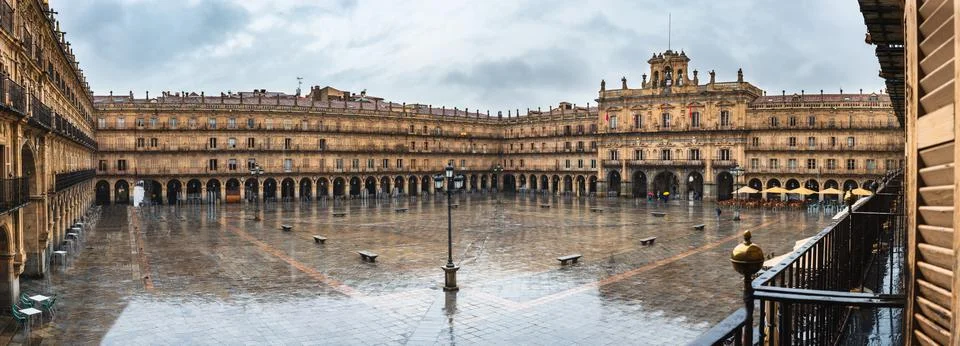 Panoramic view Main Square in raining day, Salamanca, Castile and Lion. Photos
