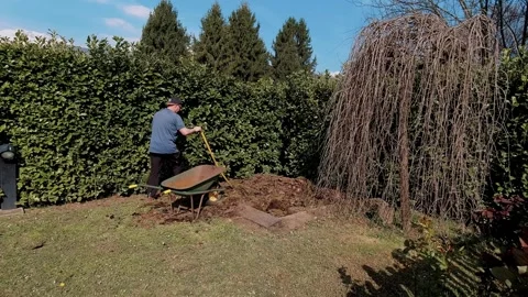 Panoramic view of man with wheelbarrow and pitchfork near compost pile on Stock Footage 332155515