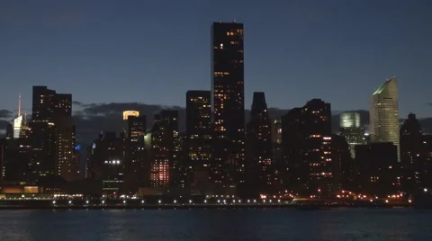Panoramic view Manhattan skyscraper twilight New York City skyline landmark icon Stock Footage 47261381