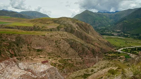 Panoramic View on Maras Salt Mines Stock Footage 96808540