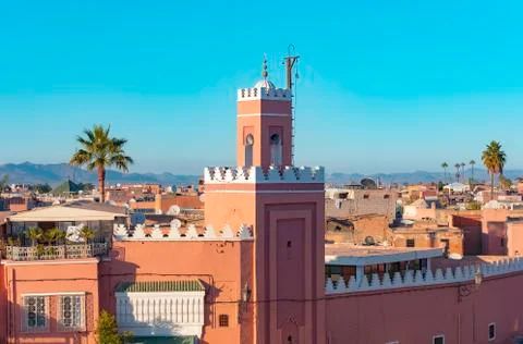 Panoramic view of Marrakech or Marrakesh with the old part of town Medina Stock Photos