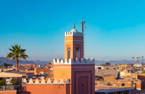 Panoramic view of Marrakech or Marrakesh with the old part of town Medina Stock Photos