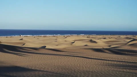 Panoramic View of Maspalomas Dunes and Ocean Horizon, Gran Canaria Stock Footage 344480554