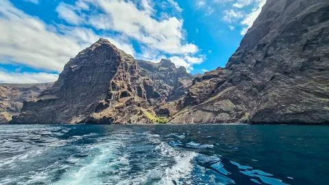 Panoramic view on the massive cliffs of Los Gigantes in Santiago del Teide,.. Stock Photos