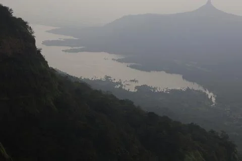 A panoramic view from Matherans cliffs overlooking a valley and lake Stock Photos