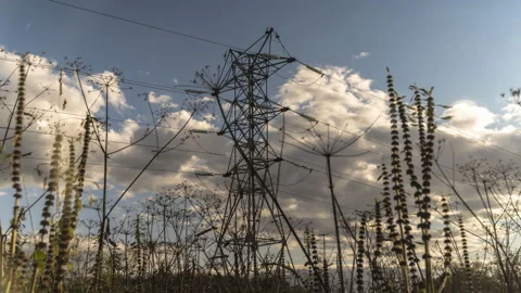 Panoramic view of the meadow, a cloudy sky and a pillar of the power line,tim Stock Footage 94391080