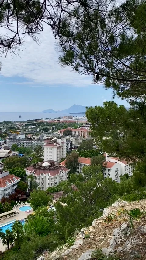 Panoramic view of Mediterranean coastal resort village in Camyuva, Turkey. Video stock 342011884