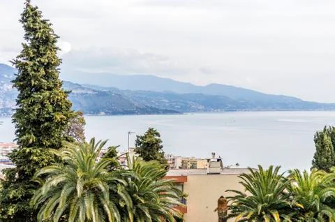 Panoramic view of Menton in a spring day Stock Photos