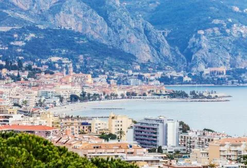 Panoramic view of Menton in a spring day Stock Photos
