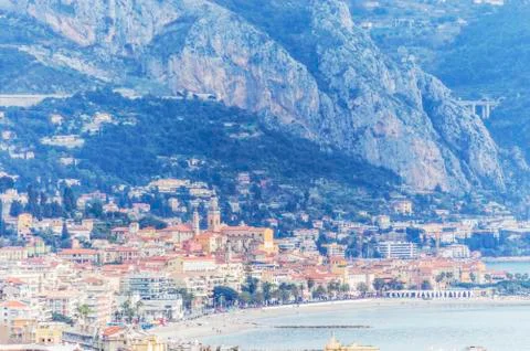 Panoramic view of Menton in a spring day Stock Photos