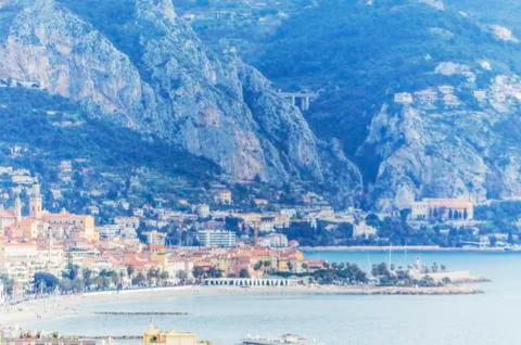 Panoramic view of Menton in a spring day Stock Photos
