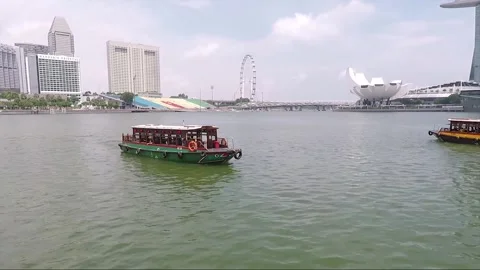 Panoramic View from Merlion Jetty, River Cruise, Downtown, Marina Bay, Singapore Video stock 334747795