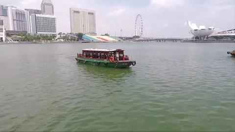 Panoramic View from Merlion Jetty, River Cruise, Downtown, Marina Bay, Singapore Stock Footage 334747830