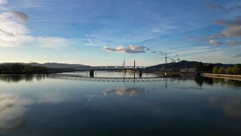 Panoramic view of a metal bridge over the Rhone river Stock Footage 248075276