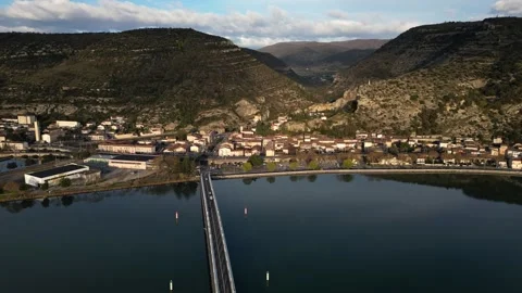 Panoramic view of a metal bridge over the Rhone river Stock Footage 248075730