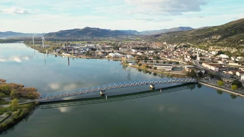 Panoramic view of a metal bridge over the Rhone river Stock Footage 248075767