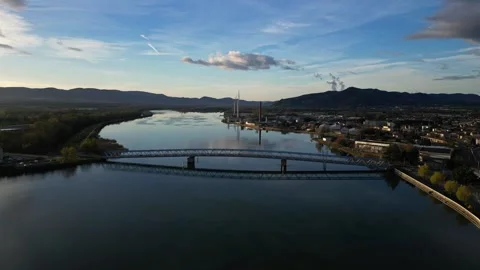 Panoramic view of a metal bridge over the Rhone river Stock Footage 248075778
