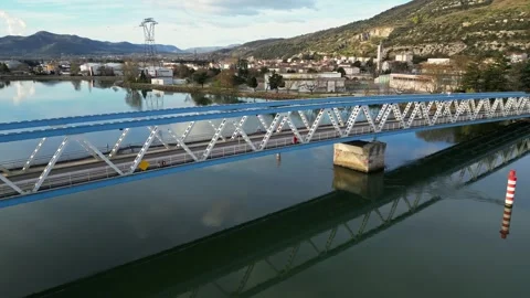 Panoramic view of a metal bridge over the Rhone river Stock Footage 248075932