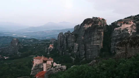 Panoramic view of Meteora in Greece. Left to right view of valley. Stock Footage 153953885