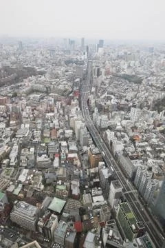Panoramic view of the metropolis from a skyscraper window. Japan. Foto stock