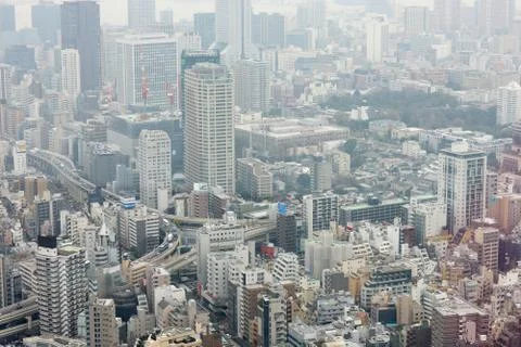 Panoramic view of the metropolis from a skyscraper window. Japan. Stock Photos