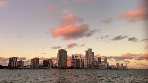 Panoramic view of Miami Brickell skyline at sunset with modern skyscrapers Stock Footage 318606649