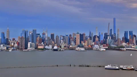Panoramic View of Midtown Manhattan Skyline from Across the River Stock Footage 310705490