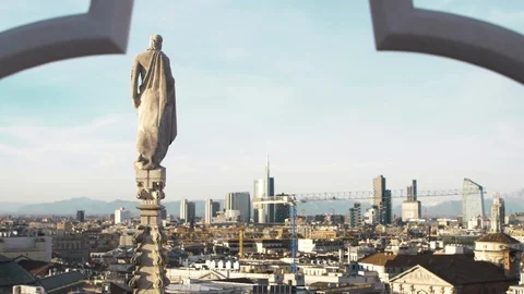 Panoramic view of Milan from above the cathedral rooftop. Statues and sculptures Stock Footage 120076915