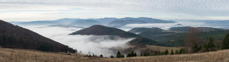 Panoramic view of misty valley Stock Photos