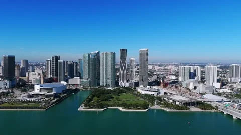Panoramic view of modern cityscape with tall buildings, clear blue skies and Stock Footage 274286413
