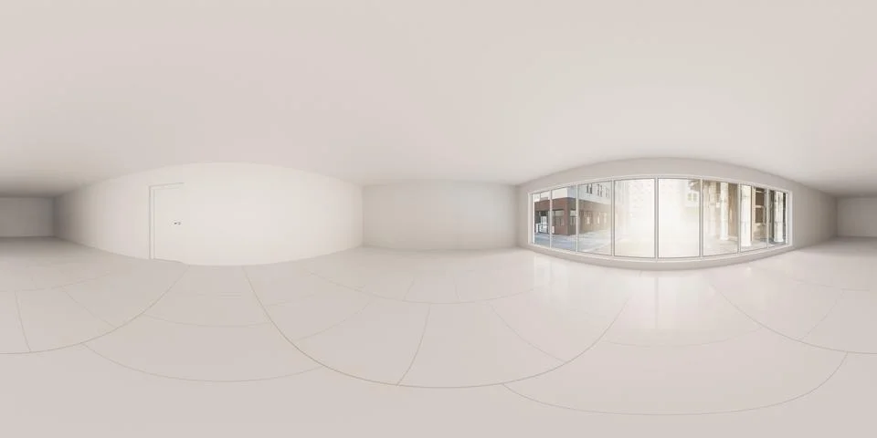 Panoramic view of modern interior space with minimalist design and abundant Ilustración de archivo