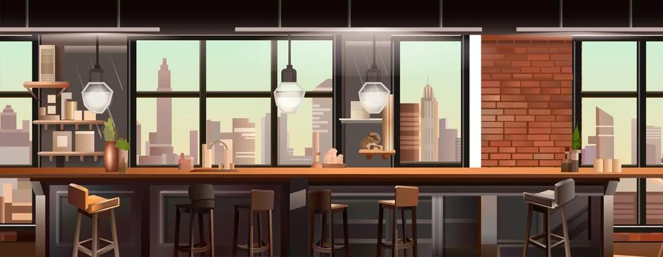 Panoramic view of modern loft interior open space home office with furniture for Stock Illustration