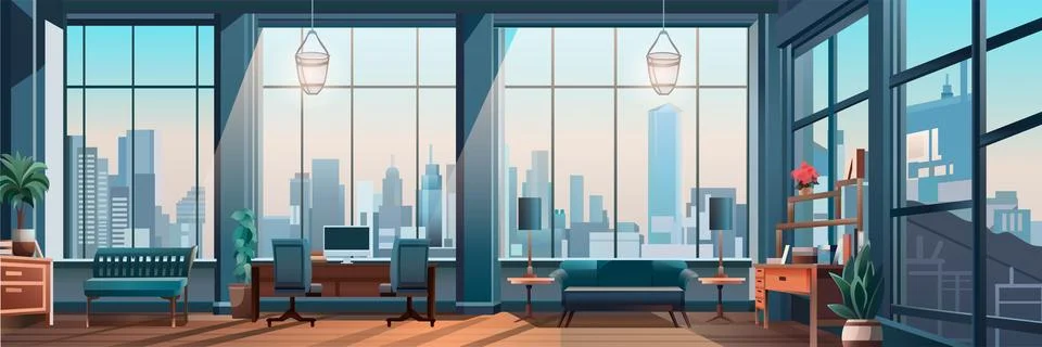 Panoramic view of modern loft interior open space home office with furniture for Stock Illustration