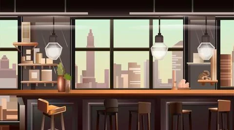Panoramic view of modern loft interior open space home office with furniture for Stock Illustration