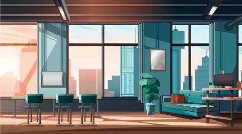 Panoramic view of modern loft interior open space home office with furniture for Stock Illustration
