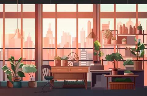 Panoramic view of modern loft interior open space home office with furniture for Stock Illustration