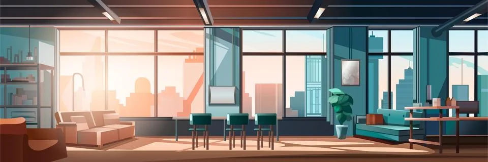Panoramic view of modern loft interior open space home office with furniture for Stock Illustration