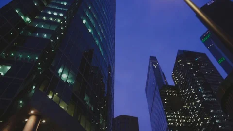 Panoramic view of modern skyscrapers made of glass. Evening, no people Stock Footage 104970036