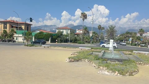 Panoramic view of a modern square in Marina di Massa, July 12, 2026, Italy Stock Footage 339342913