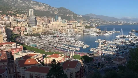 Panoramic view of Monaco city skyline and mountains. Port of Hercules. Monaco Stock Footage 264101265