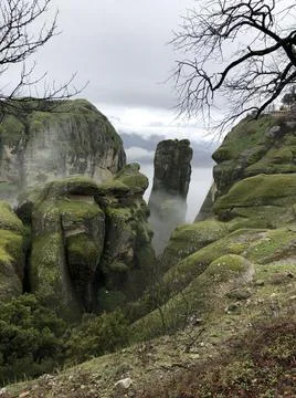 Panoramic view of the monastery in Meteora Stock Photos