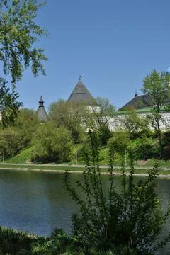 Panoramic view of the monastery pond and the monastery. Novospassky monastery Stock Photos
