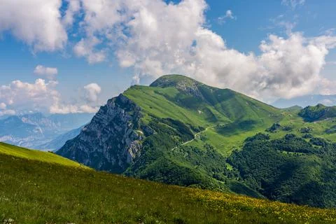 Panoramic view of the Monte Baldo mountains on Lake Garda in Italy. Stock Photos