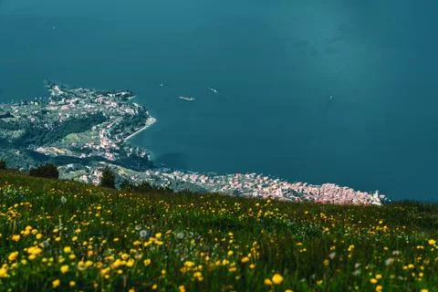 Panoramic view from Monte Baldo on the old town of Malcesine and Lake Garda.. Stock Photos