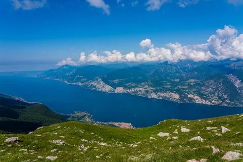 Panoramic view from Monte Baldo on the old town of Malcesine and Lake Garda.. Stock Photos