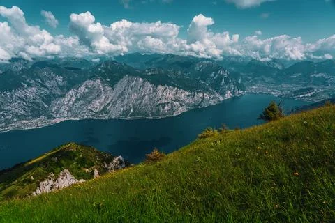 Panoramic view from Monte Baldo of the old town of Riva del Garda, Torbole,.. Stock Photos
