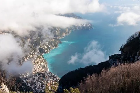 Panoramic view from Monte Comune on the coastal town Positano appearing fro.. Stock Photos