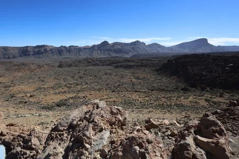 Panoramic view of a moon-like landscape in Teide National Park on Tenerife Stock Photos